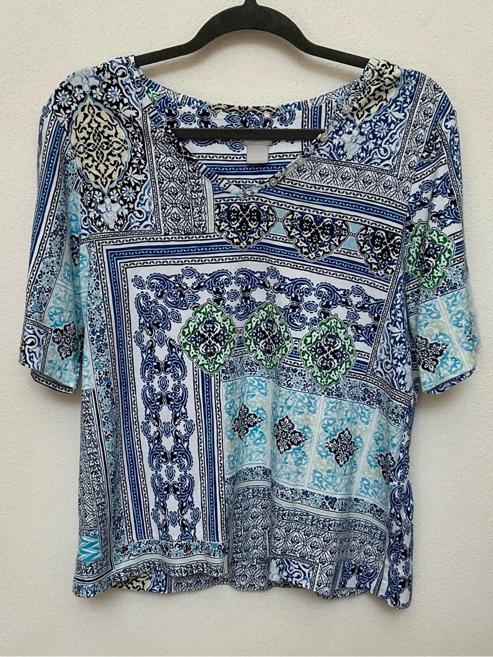 Chico's Purple, Blue, Yellow Mixed Print Short Sleeve Top Size 2 US Large/12